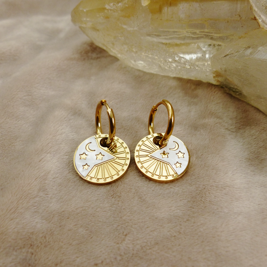 Goldene Ringe mit Perlmutt-Anhänger Sterne & Mond