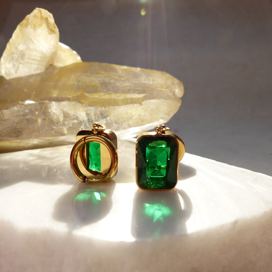 Vergoldete Edelstahl-Ohrringe mit rechteckigem Smaragd-Optik Anhänger