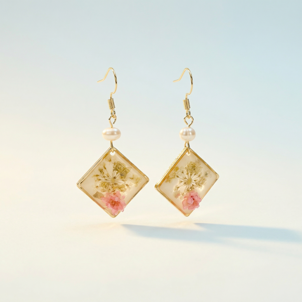 Trockenblumen Raute & Perle Ohrringe