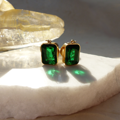 Vergoldete Edelstahl-Ohrringe mit rechteckigem Smaragd-Optik Anhänger