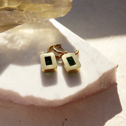 Vergoldete Edelstahl-Ohrringe mit rechteckigem Smaragd-Optik Anhänger